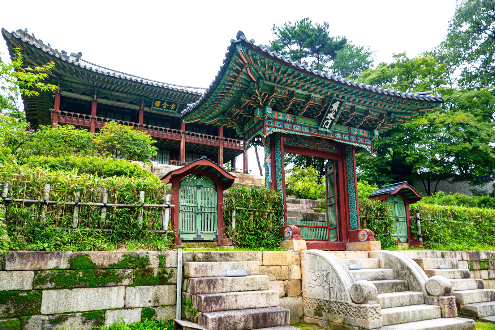 Changdeokgung royal pavilion architecture framed by summer greenery