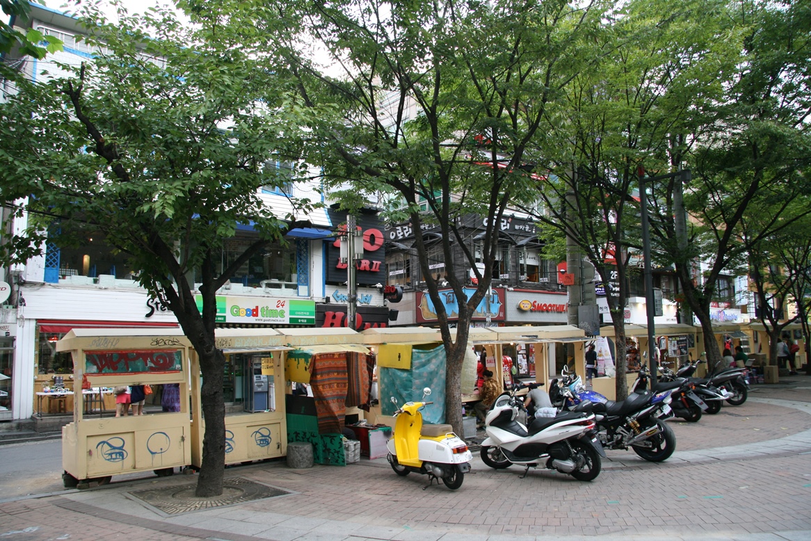 Hongdae's main pedestrian street near the playground — the gathering point for street culture, K-pop fans, and independent music venues